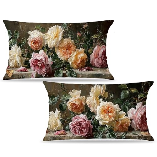 Vintage Floral Rectangle Pillow Throw Cover 20x12 Decor, Shabby Chic Rustic Cottagecore Decorative Throw Pillow Covers Double-Sided Set of 2 - color: A-rose-7, size: 20" x 12" (Pack of 1)