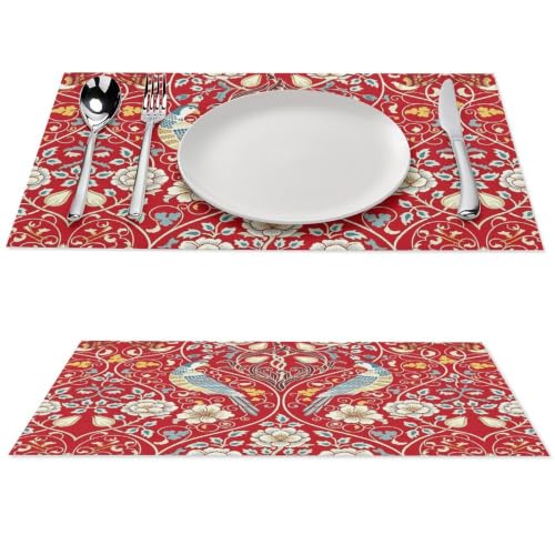 Vintage Floral Placemats Set of 4, 12x18 Inch William Morris Red Boho Rustic Ethnic Flower Bird Seasonal Farmhouse Holiday Table Mats for Party Kitchen Dining Decoration - color: Floral Bird08, size: 4pcs
