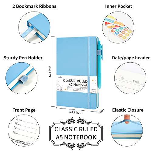 feela 5 Pack Notebooks Journals Bulk, Hardcover Classic Ruled Lined Journals with Pen Holder for Women Girls School Business Supplies, with 5 Black Pens, 120 GSM, 5.1”x8.3”, A5, Blue - color: 5 Blue