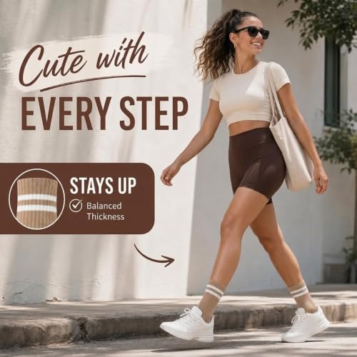 Forever Bambe Mini Crew Socks for Women 4-Pack Cushioned Bottom Retro Striped Socks - Athletic Women's Short Calf Sock - color: 11 - Fall Brown