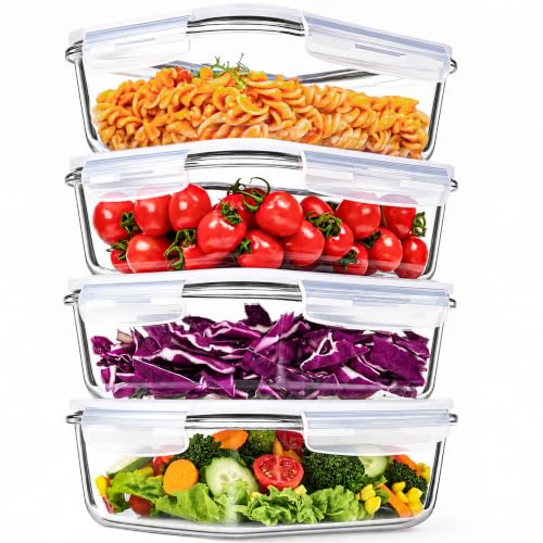 LOVYANXUE 4 Pack 52oz Large Glass Food Storage Containers with Lids, Meal Prep Containers, Glass Storage Containers with Airtight Lid for Storing, Heating, Serving, BPA-Free, Microwave & Oven Safe - color: Grey