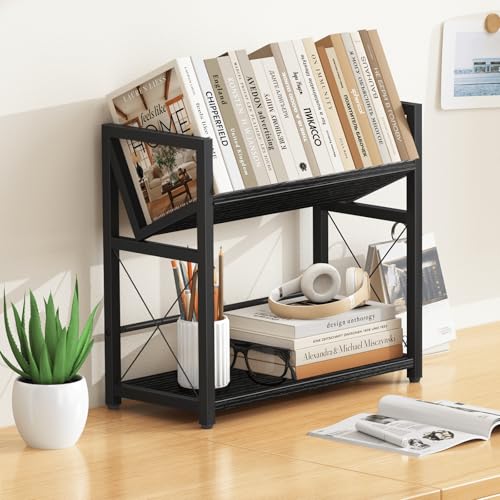 ELITEROO Desktop Bookshelf, 2 Tier Desk Book Organizer Shelf, Wood Tabletop Bookshelf Storage, Small Desk Top Bookcase for Office, Home, or Study, Mini Table Book Rack for Display, Black - color: Black