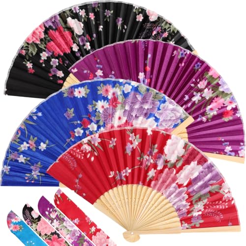 Zonon 4 Pack Hand Held Folding Fans for Women Silk,Japanese Flowers - style: Japanese Flowers
