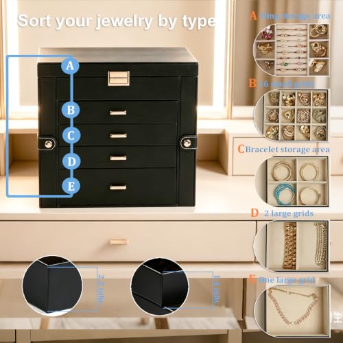 BOOVO Large Jewelry Box for Women, Big Jewelry Organizer (Black, 5 Layer) - color: Silver and Black, size: 5 Layer