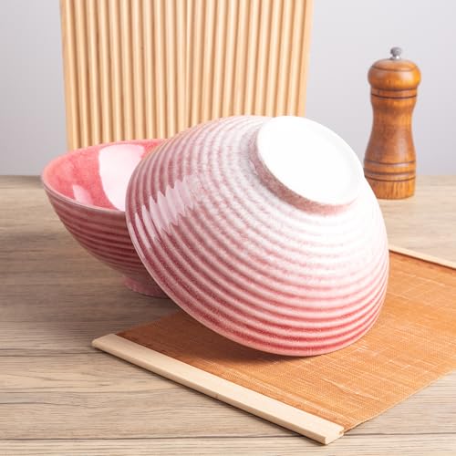 40oz Japanese Ceramic Ramen Bowl Set of 2 with Chopsticks and Spoons for Pho Udon Asian Soup Noodles (Pink) - color: Pink