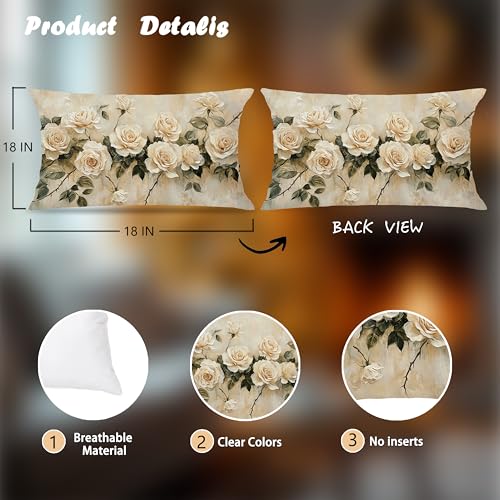 French Country Rose Floral Pillow Cover 12x20 Double-Sided, Vintage Cream Flower Decorative Lumbar Throw Pillow Cover for Home Bedroom Living Room - color: A-rose-3, size: 20" x 12" (Pack of 1)