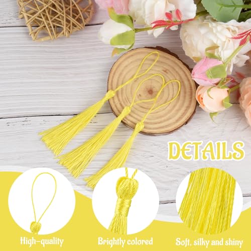 100 Pcs Bookmark Tassels Bulk Yellow Soft Craft Silky Handmade Mini Tassels for Jewelry Making with Loops for DIY Craft Accessory Dress Decoration - color: Yellow