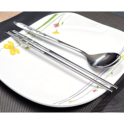 GARASANI Korean Traditional Cutlery Stainless Steel Spoons and Chopsticks Set (Silver Plum blossom) - color: Silver Plum blossom