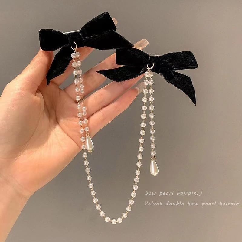 Velvet Bow Hair Clips Pearl Tassel Chain Hair Bow Barrettes Black Bows Claw Clip Hairpins Sweet Bowknot Snap Hair Clip Small Cute Alligator Hair Clips Hair Accessories Gift for Women Girls Toddlers - color: Black