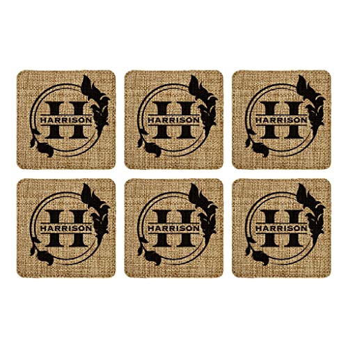 Smile Art Design Family CUSTOM Monogram COASTER Set of 6 with base Square Burlap Material Family Name and Date Personalized Prints Personalized Gifts House warming Wedding Gift Rustic Decor Style1 - color: Style 01, size: Set of 6 - Square Coaster