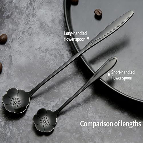 12 Pcs Flower Coffee Tea Spoons Set with Storage Bag, 4 Long & 8 Short Stainless Steel Teaspoons for Sugar Dessert Ice Cream Stirring, Cute Fancy Tableware for Tea Party Kitchen Cafe Bar(Black) - style: Black
