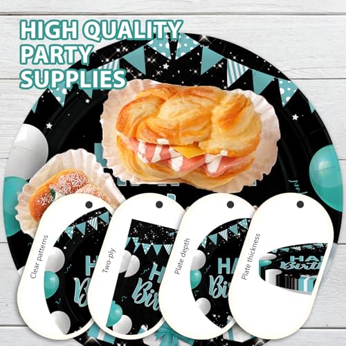 Grencian 96Pcs Happy Birthday Teal Blue Black Party Decorations Serves 24 - style: Peacock Blue Black Birthday