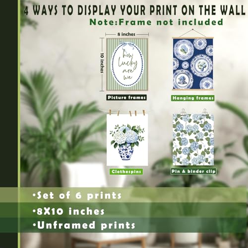 LUKIPOM Blue Chinoiserie Hydrangea Wall Art Poster,Coquette Blue and White Floral Grandmillennial Canvas Wall Decor Gifts for Women Teen Girls Home Bedroom Living Room，8x12in Set of 6 - color: Color 018