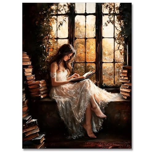 uoyien Vintage Victorian Girls Reading Portrait Canvas Wall Art Prints Dark Academia Cottagecore Pictures Wall Decor Moody Bookish Paintings Artwork for Library Reading Room Bedroom 16x24in Unframed - color: Brown, size: 16x24in Unframed