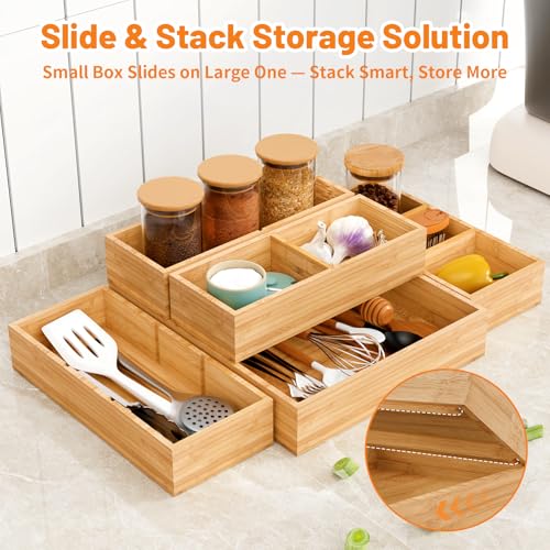 Bamboo Drawer Organizer, 5-Piece Stackable Trays with Removable Dividers