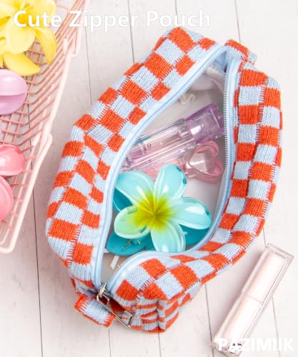 Checkered Makeup Bag for Purse, Small Travel Cosmetic Pouch,Orange Blue - color: Orange Blue