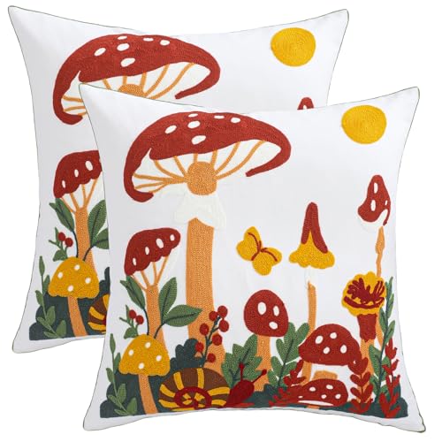 LUOYEHK Mushroom Pillow Covers 18x18 Inch Set of 2 Embroidered Throw Pillow Covers Decorative Pillow Cover Spring Summer Boho Cushion Pillowcase for Couch Sofa Bed Living Room, Mushroom Snail - color: Mushroom Snail