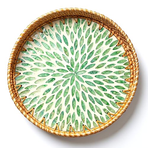 JUNGLE CULTURE Round Rattan Tray with Mother of Pearl Inlay • Everglade 14" - color: Everglade, size: 13.7"