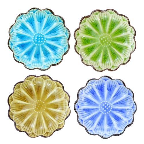 Gaolinci 4 Inches Lotus Shaped Ice Crack Ceramics Seasoning Dishes/Tea Bag Holders/Ketchup Saucer/Appetizer Plates/Vinegar Spice Salad Soy Sushi Wasabi Seasoning Dipping Dishes (Set of 4)