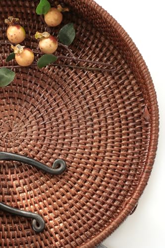 HITOMEN 14.2" Hand-Woven Round Rattan Serving Tray Decorative Ottoman Wicker Platter with Handles for Coffee Table, Breakfast, Drinks, Snack, Bread, Fruit, Vegetables (Brown - L) - color: Brown, size: Large (14.2 inches)