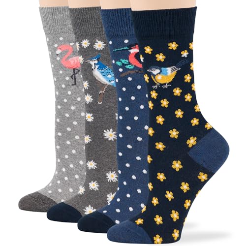 7BIGSTARS Women Cotton Crew Socks, Patterned 4 Pack, M 5-9 - L 8-12 - color: 17 - Grey, Dark Grey, Light Navy, Dark Navy (A32), size: 5-9