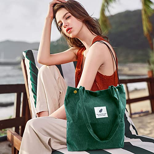 Ayieyill Corduroy Tote Bag for Women Canvas Shoulder Cord Purse with Inner Pocket - color: Green