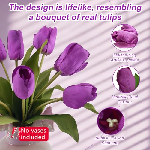 10 Stems 14 Inch Tulips Artificial Flowers Realistic Faux Flowers - color: Purple