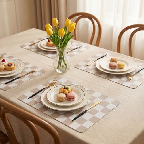 Set of 6 Checkerboard Non-Slip Washable Placemats for Dining Table - color: Beige