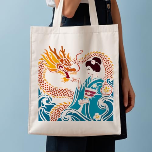 FINGERINSPIRE Japanese Geisha Painting Stencil with Brush 11.8x11.8inch Plastic PET Wave Dragon Drawing Template Decorative Hollowed Oriental Theme Stencil for Painting on Wood Canvas Fabric Clothes - style: Japanese Geisha
