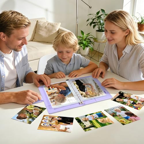 PU Leather A5 Binder, 5x7 Photo Sleeves with 60 Pockets, Secure Top Loading Pages, Refillable Adjustable Album for Keepsakes, Purple - color: Purple
