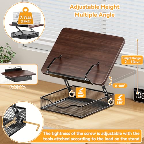 Adjustable Book Stand for Reading with Storage - 2-13" Height Hands-Free