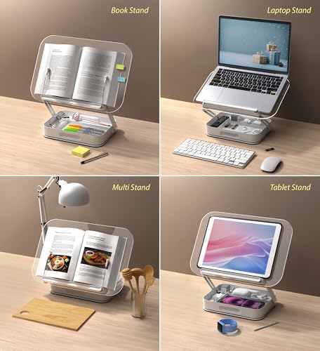 Acrylic Book Stand with Storage, 360° Rotating, Foldable Adjustable Holder with Large Storage Capacity for Reading & Tablets (Clear) - color: Storage