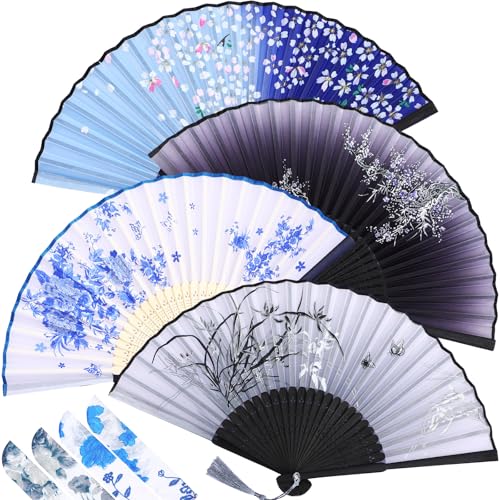 Zonon 4 Pack Hand Held Folding Fans for Women Silk,Retro - style: Retro