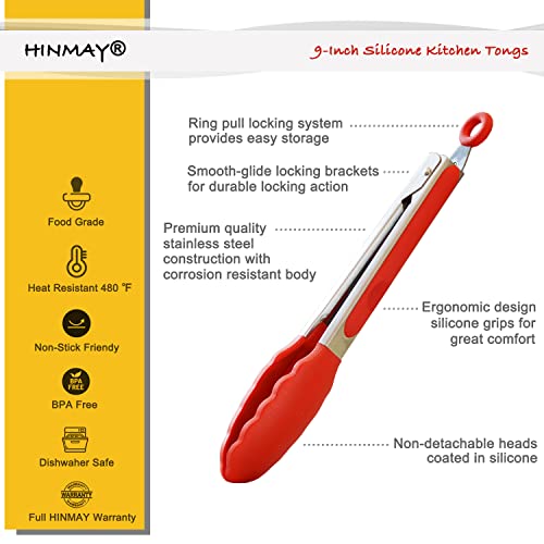 HINMAY 9" Kitchen Tongs with Silicone tips, Set of 3 (Red Blue Green) - color: Red Blue Green