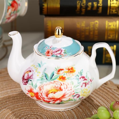 fanquare 21 Piece Vintage Green Floral Porcelain Tea Set for Adults - color: Peacock Blue