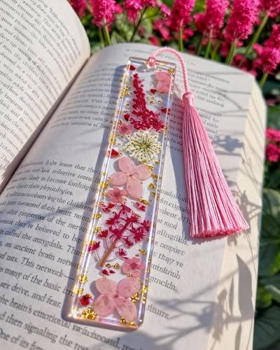 Buleens 2PCS Bookmarks for Women - Yellow Book Marks for Readers Book Lovers, Personalized Handmade Dried Flower Resin Bookmark with Tassels, Pretty and Aesthetic - color: Pink Purple