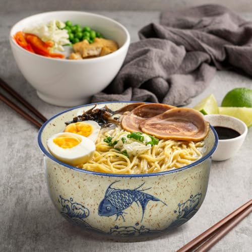 CALLARON 26 oz Ceramic Ramen Bowl Set of 2 with Lids, Spoons and Chopsticks