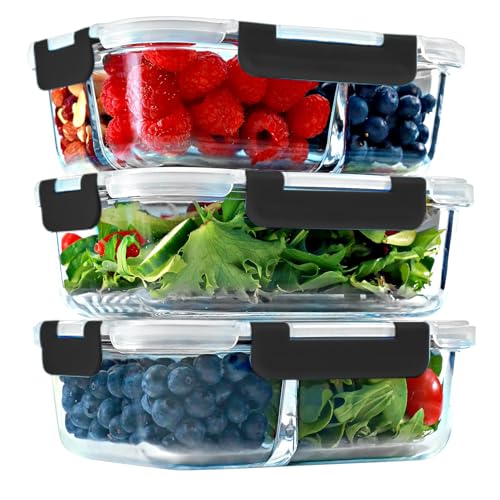 Glass Meal Prep Containers 1 & 2 & 3 Compartments, Airtight, 35 oz, 3 Pack - color: Black (1,2,3 compartment - 3 pack, 35 oz)