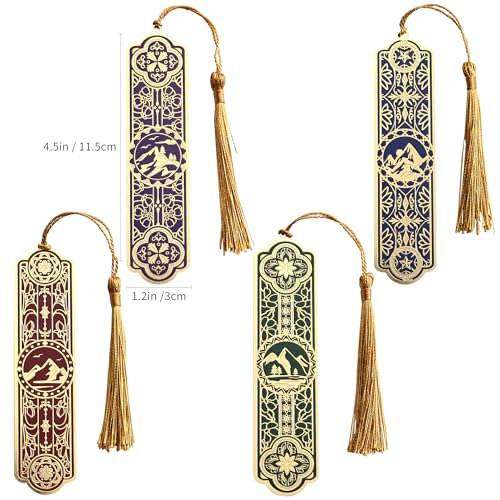 4 Pieces Metal Bookmarks with Tassel Big Size, Golden Vintage Aesthetics Scenery Mountain Theme Book Mark, Bookmark for Women Book Lovers Gift Writers Readers Teens Men - style: 4Pcs Mountain