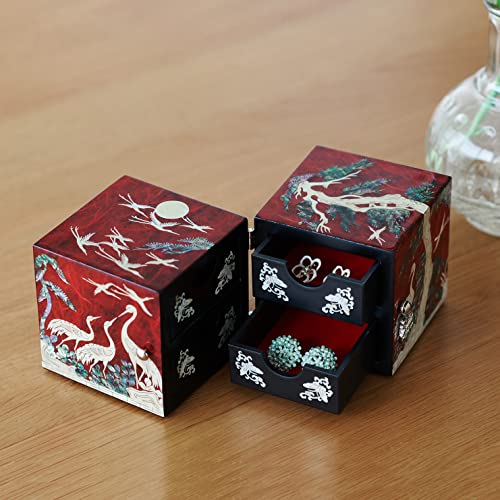 MADDesign Mother of Pearl Twin Cubes Jewelry Box Crane Pine Tree Red - color: Red
