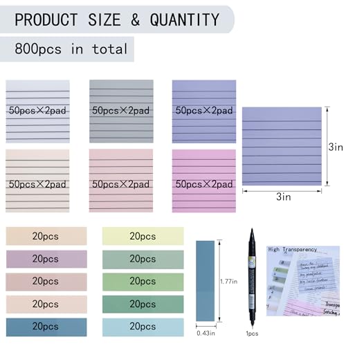 YOUDEFUL 800Pcs Transparent Sticky Note, 3"x3" Clear Sticky Note with Line - size: Square Line