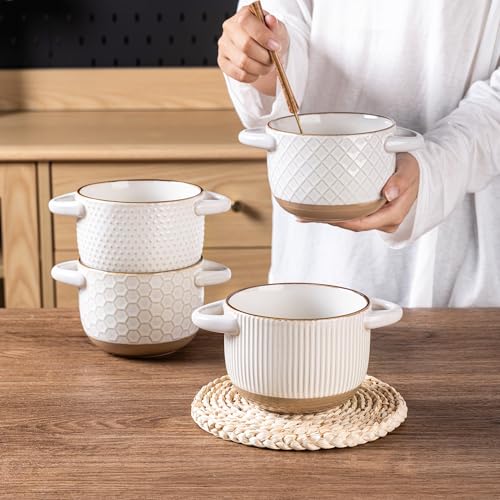 GBhome 22 Ounces Soup Bowls with Large Handles and Lids, Stoneware Bowls Set of 4 with Spoon for Soup, Cereal, Stew, Colourful Ceramic Kitchen Bowls, Microwave&Dishwasher Safe, Off White - color: Off-White
