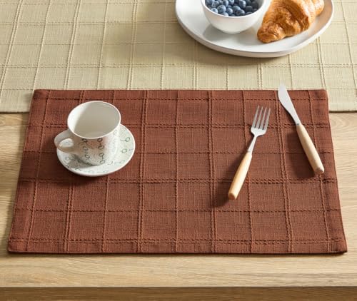 ZeeMart Linen Checked Farmhouse Placemats Set of 6, Terracota 13x19in - color: Terracota, size: Set of 6