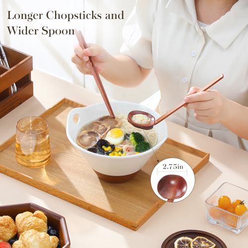 MALACASA 42 oz Ceramic Ramen Bowls with Chopsticks & Spoon, White & Khaki - color: Khaki White