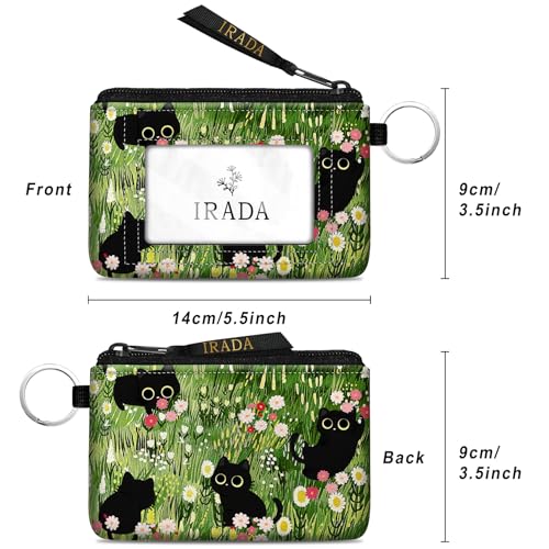 IRADA ID Case Wallet Keychain with Clear ID Window Zipper Cute Coin Purse for Women Water Resistant Small Coin Pouch-Black Cat Floral Keychain Wallet - color: Black Cat Floral-Keychain Wallet
