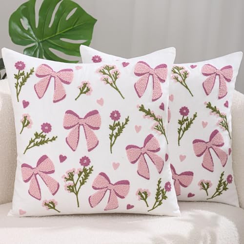 LUOYEHK Spring Embroidered Pillow Covers 18x18 Inch Set of 2 Decorative Throw Pillow Cover Pink Bow and Flower Soft Cushion Case Square Pillowcase for Couch Sofa Bed Living Room - color: Bow