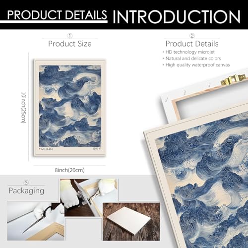 Japanese Blue Waves Wall Art Vintage Oriental Japandi Wabi Sabi Poster 08x10 inch Framed Abstract Giant Waves Canvas Prints for Minimalist Living Room Wall Decor - color: Trendy 3-WFramed, size: 10"L x 8"W