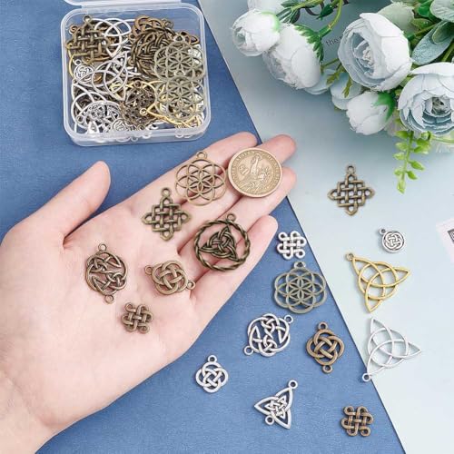 SUNNYCLUE 1 Box 56Pcs Knot Charms Celtic Knot Charm Irish Trinity Linking Connetor Charm Knots Beads Tibetan Style Flat Round Alloy Pendants for Jewelry Making Earrings DIY Supplies Adult