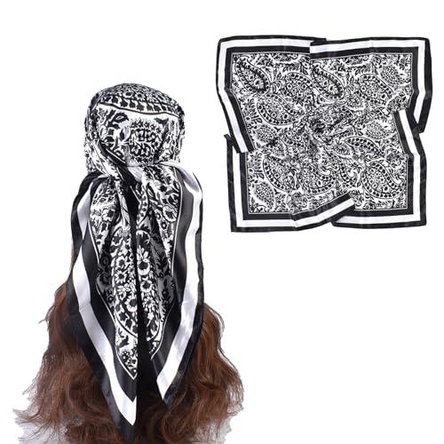 35 Inches Silk Head Scarf-Satin Hair Scarves Silk Bandana Scarf Headscarf for Women's Fashion Scarves - color: Black-large Cashews