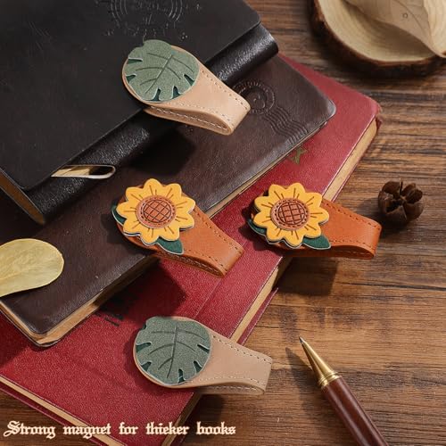 2PCS Vintage Magnetic Leather Bookmark, Leather Magnetic Bookmarks for Women, Magnetic PU Bookmarks Clip Book Accessories - style: Sunflower&Leaf